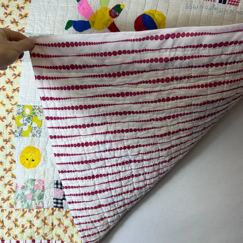 Vintage 90s Handmade Hand-quilted Applique Colorful Baby/Child Crib Quilt